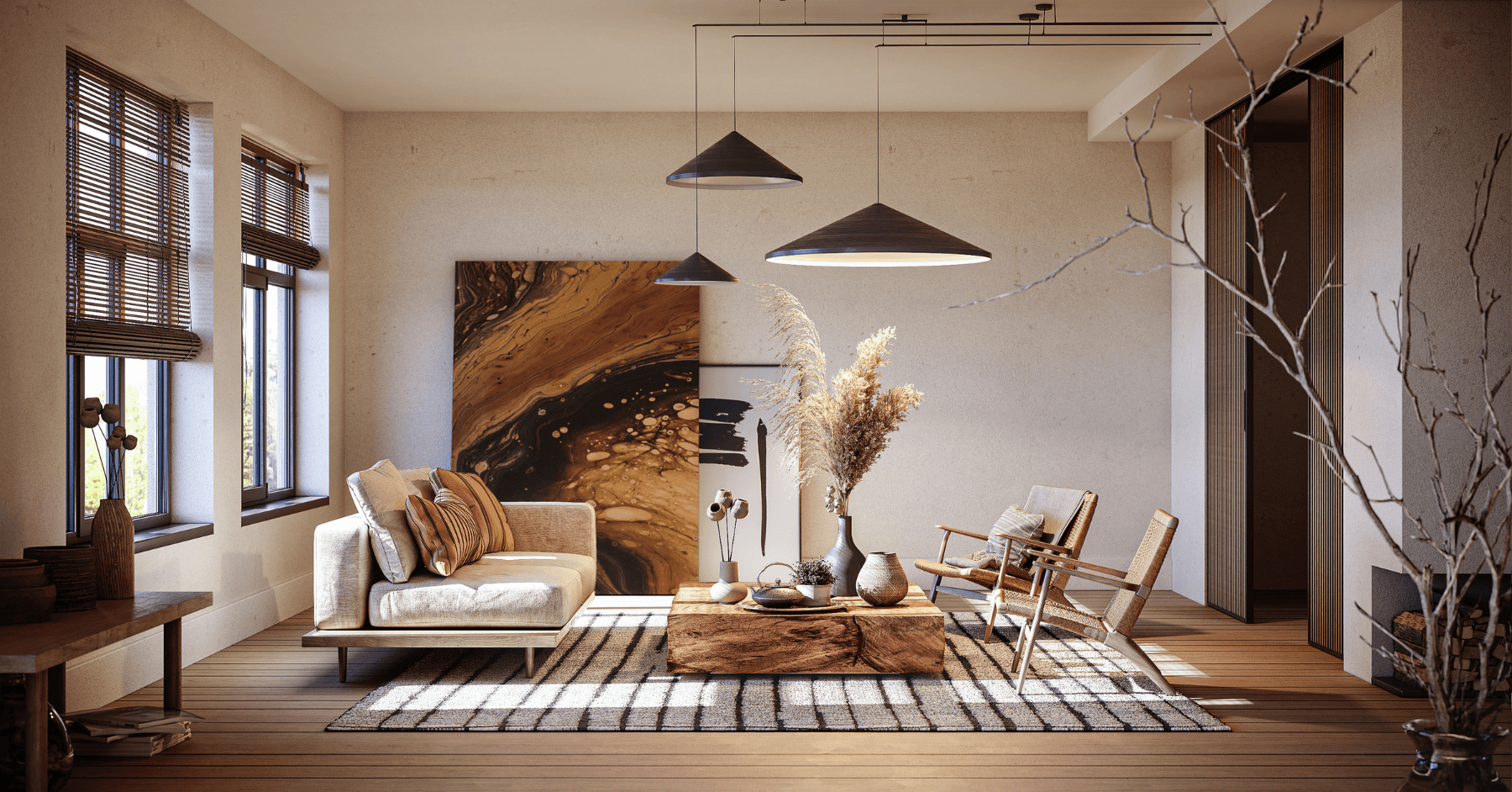 Living room with beige sofa and wooden furniture, CGI product visualisation